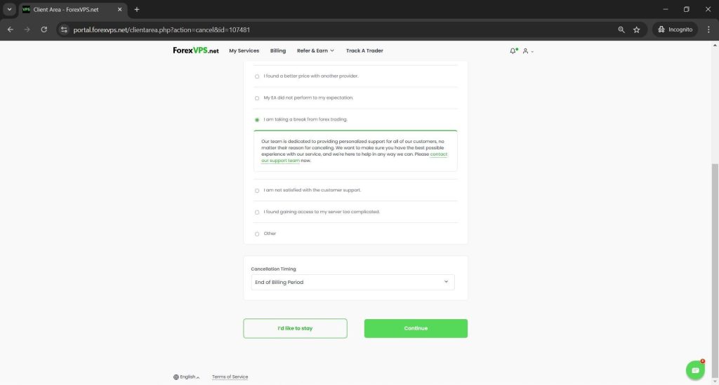 Cancellation form with reason selected and Continue button enabled