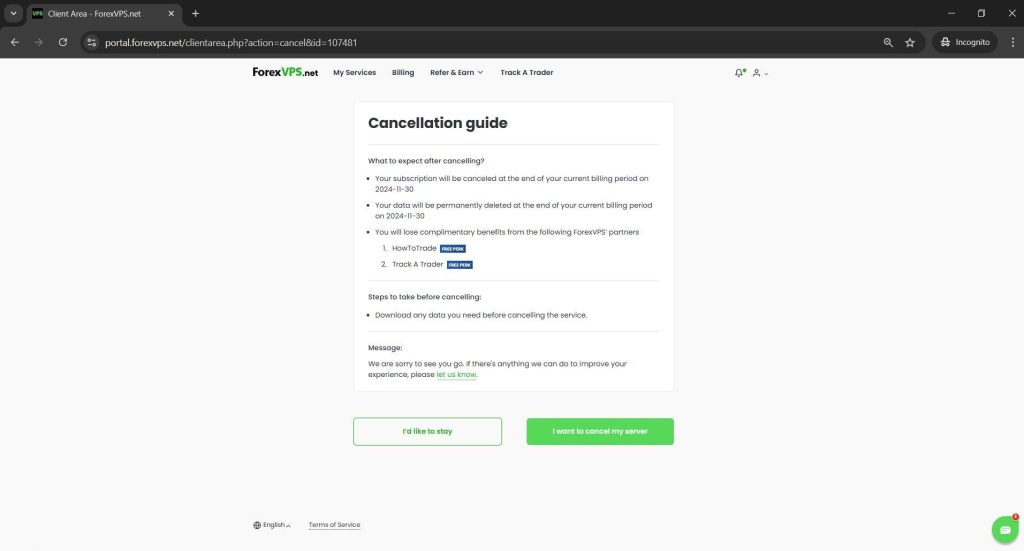 Cancellation guide page with I want to cancel my server button