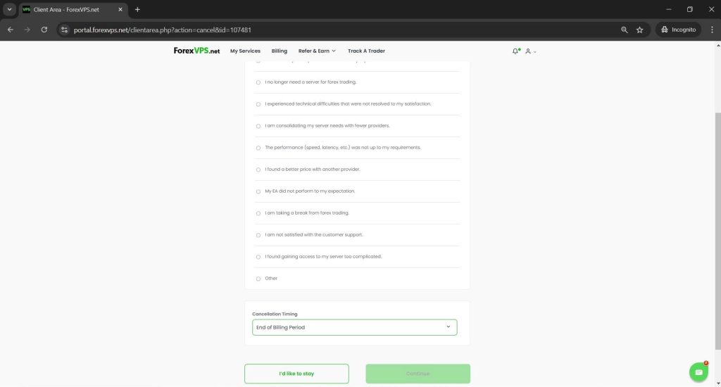 Cancellation reason list with End of Billing Period selected