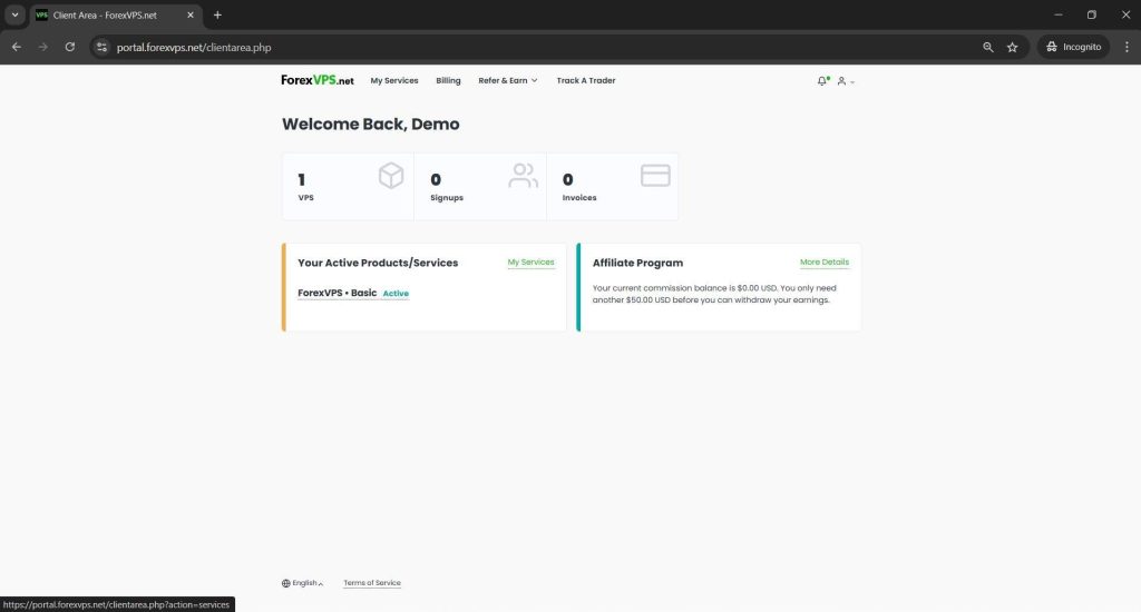 ForexVPS client area dashboard welcome screen
