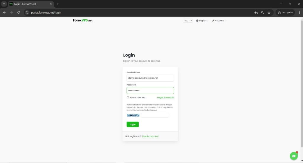 ForexVPS client area login page with credentials entered