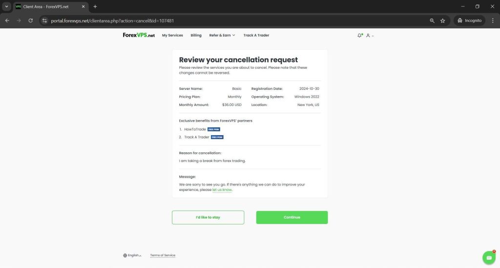Review your cancellation request page