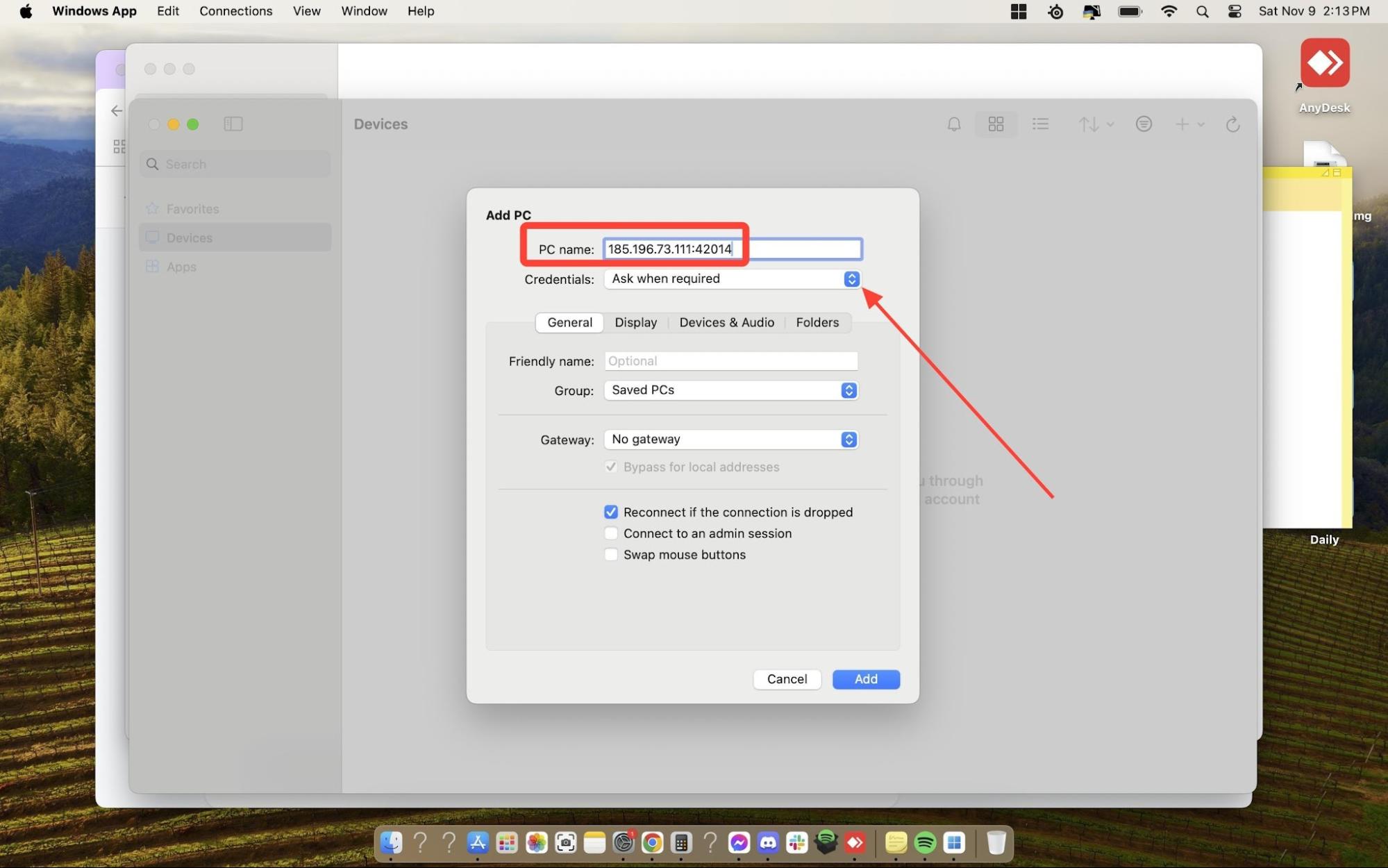 Add PC dialog with PC name and Credentials fields highlighted