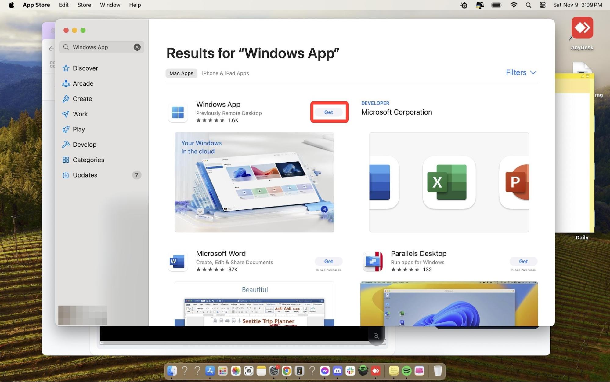App Store search results with Windows App Get button highlighted
