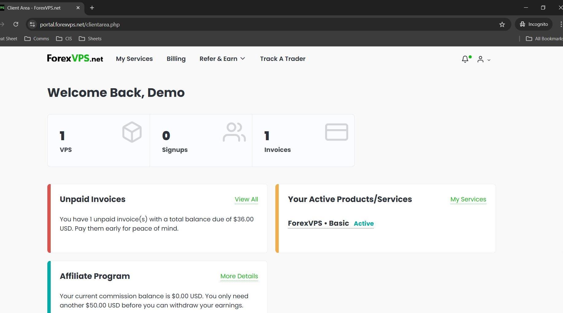 Client Area dashboard with profile icon in top-right corner
