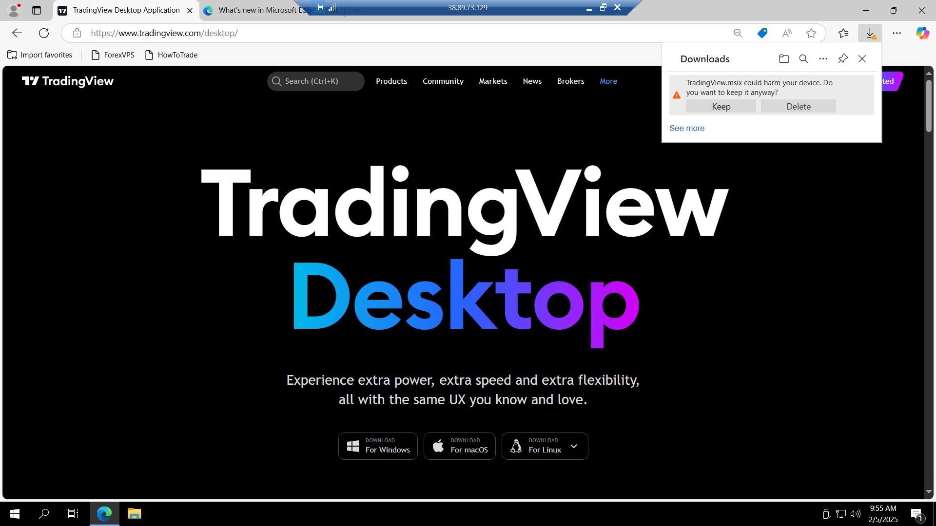 Downloads panel with Keep button for TradingView installer