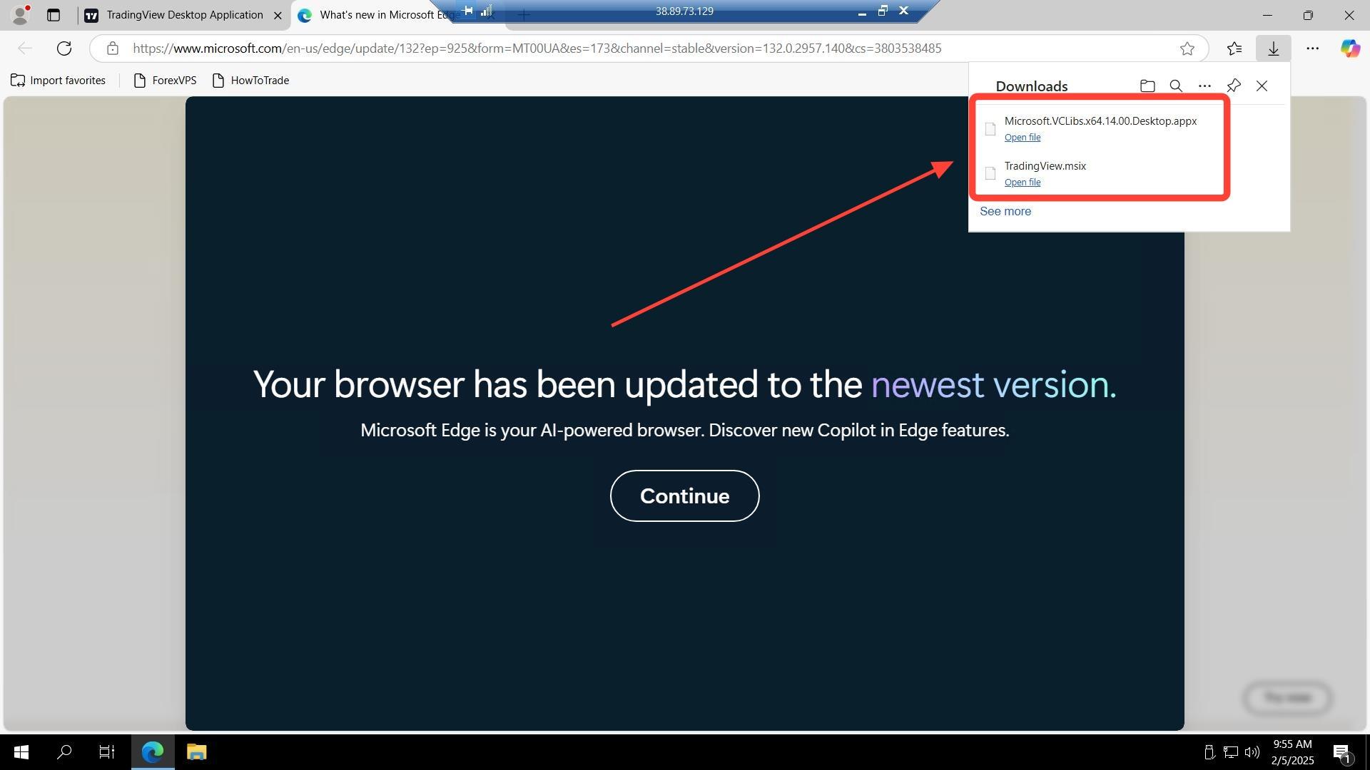 Downloads panel with VCLibs and TradingView files listed