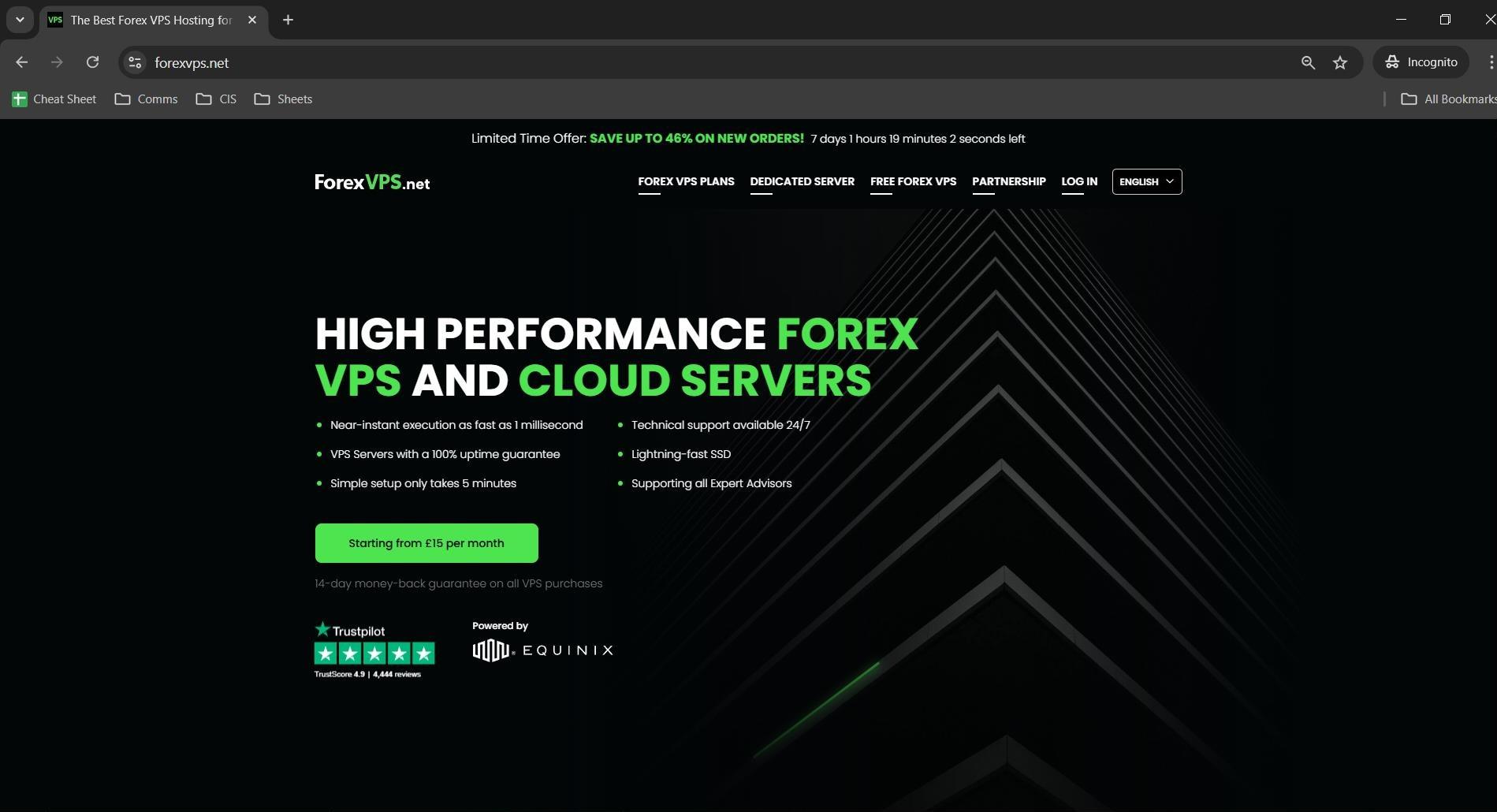 ForexVPS homepage with LOG IN link in navigation