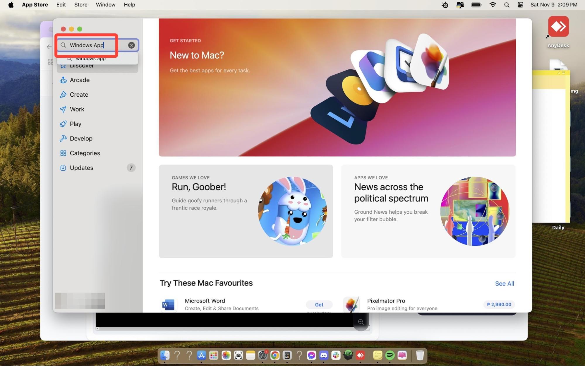 Mac App Store search bar with Windows App query