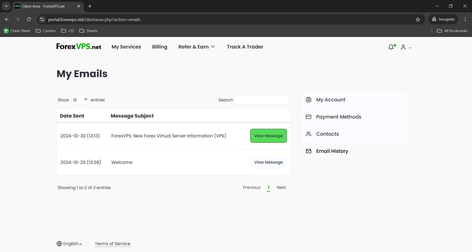 My Emails page with View Message button for VPS email