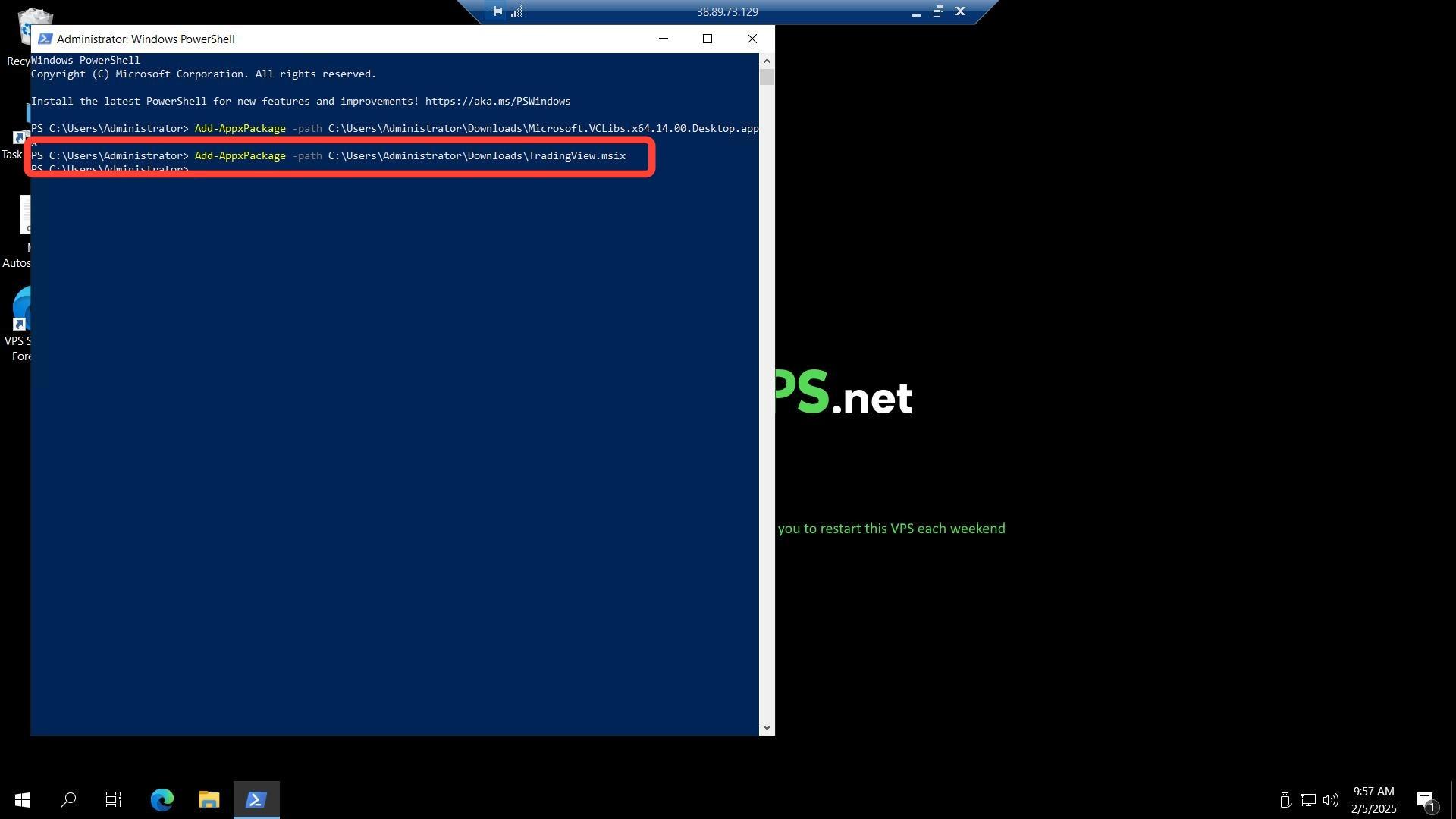 PowerShell with Add-AppxPackage TradingView command highlighted