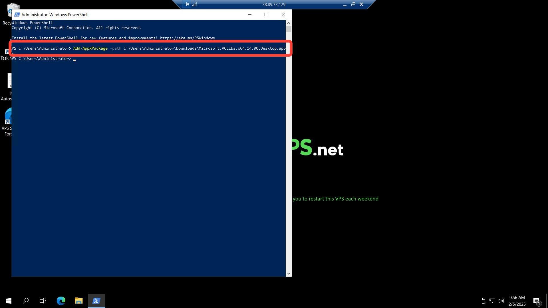 PowerShell with Add-AppxPackage VCLibs command highlighted