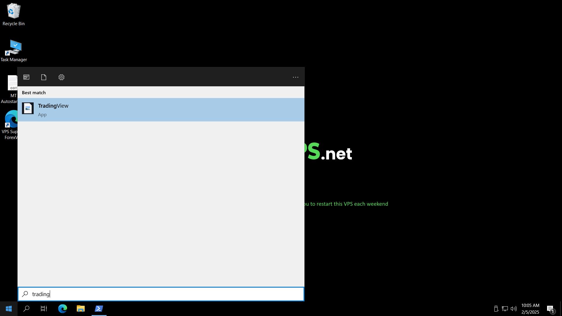 Start menu search with TradingView app result