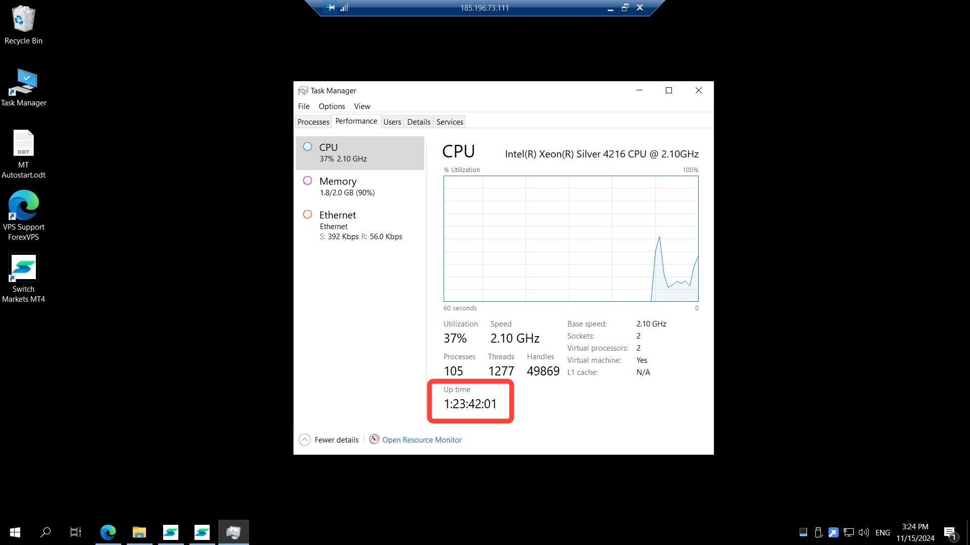 Task Manager Performance tab with VPS uptime highlighted