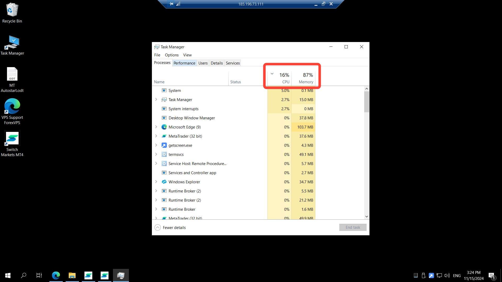Task Manager Processes tab with CPU and Memory usage highlighted