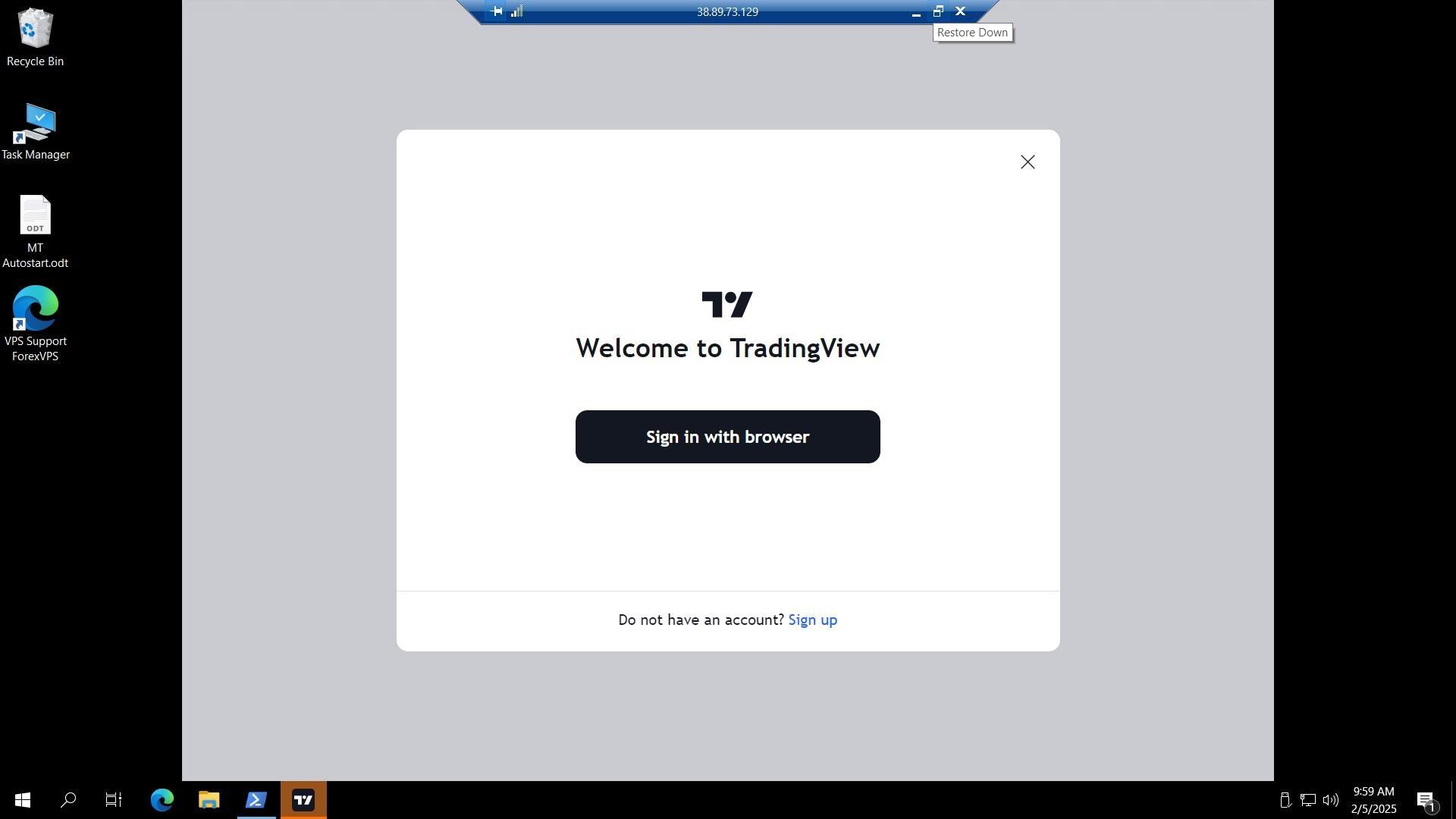 TradingView Welcome screen with Sign in with browser button