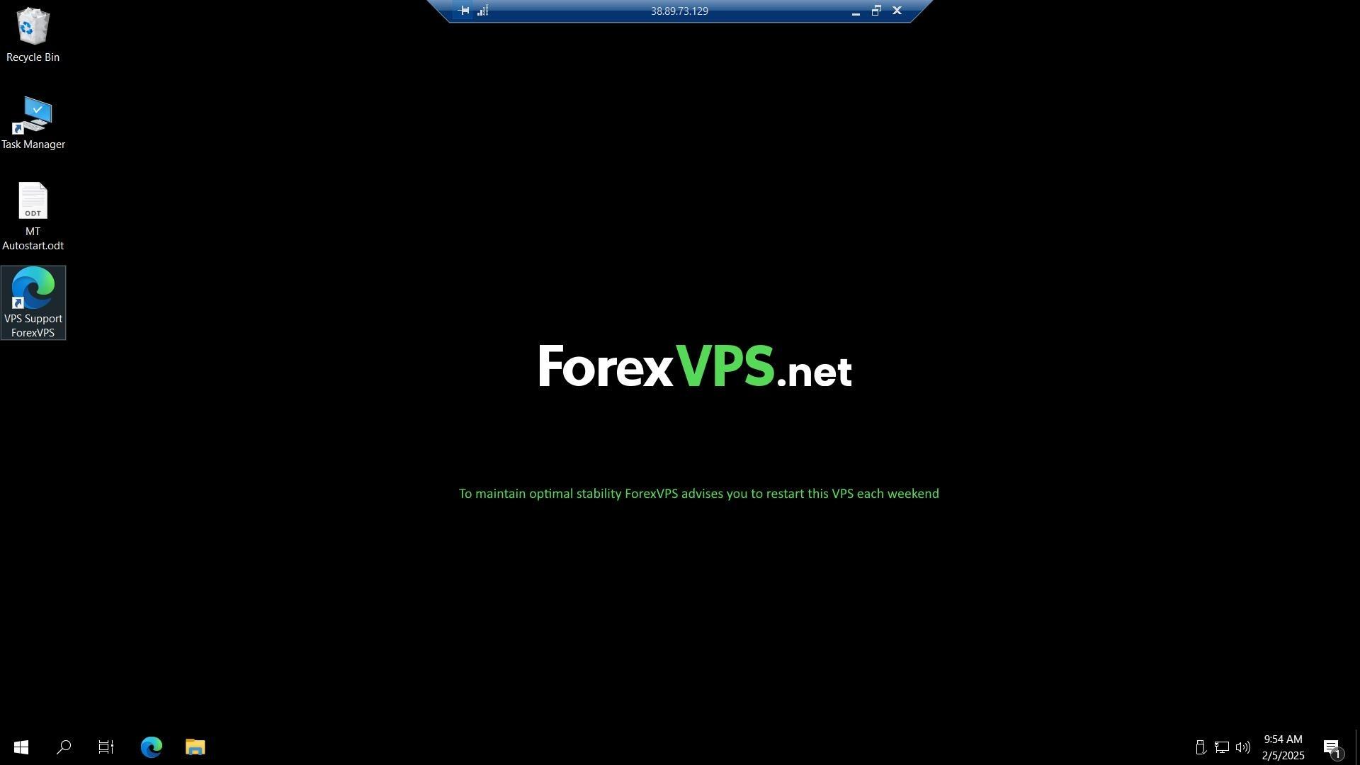VPS desktop with Edge browser icon selected