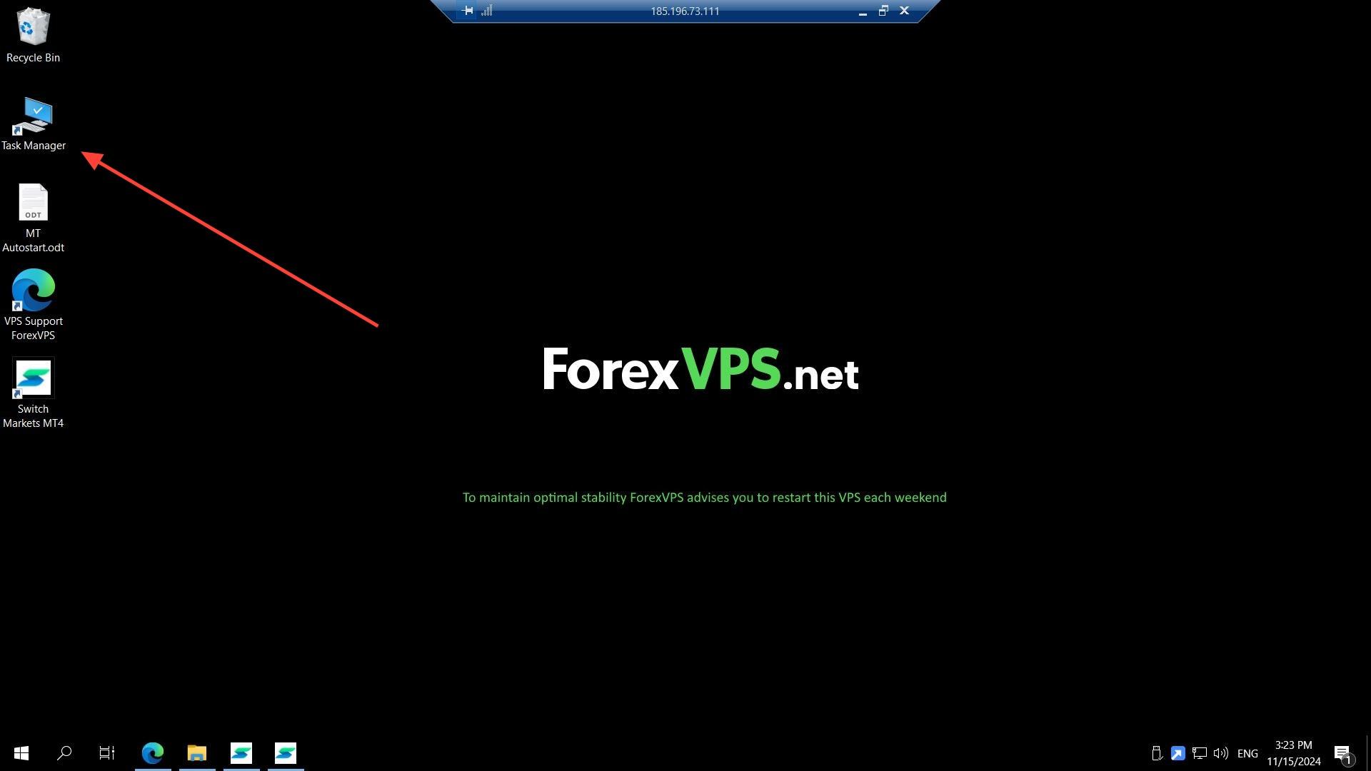 VPS desktop with Task Manager icon highlighted