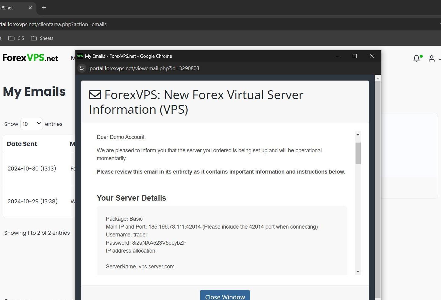 VPS welcome email with server details