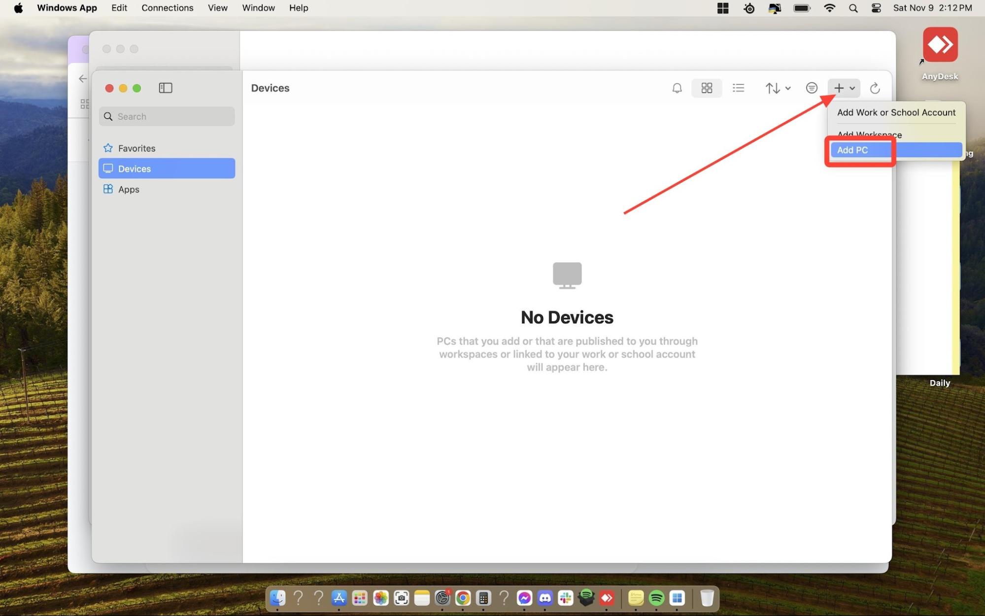 Windows App Devices page with Add PC option highlighted