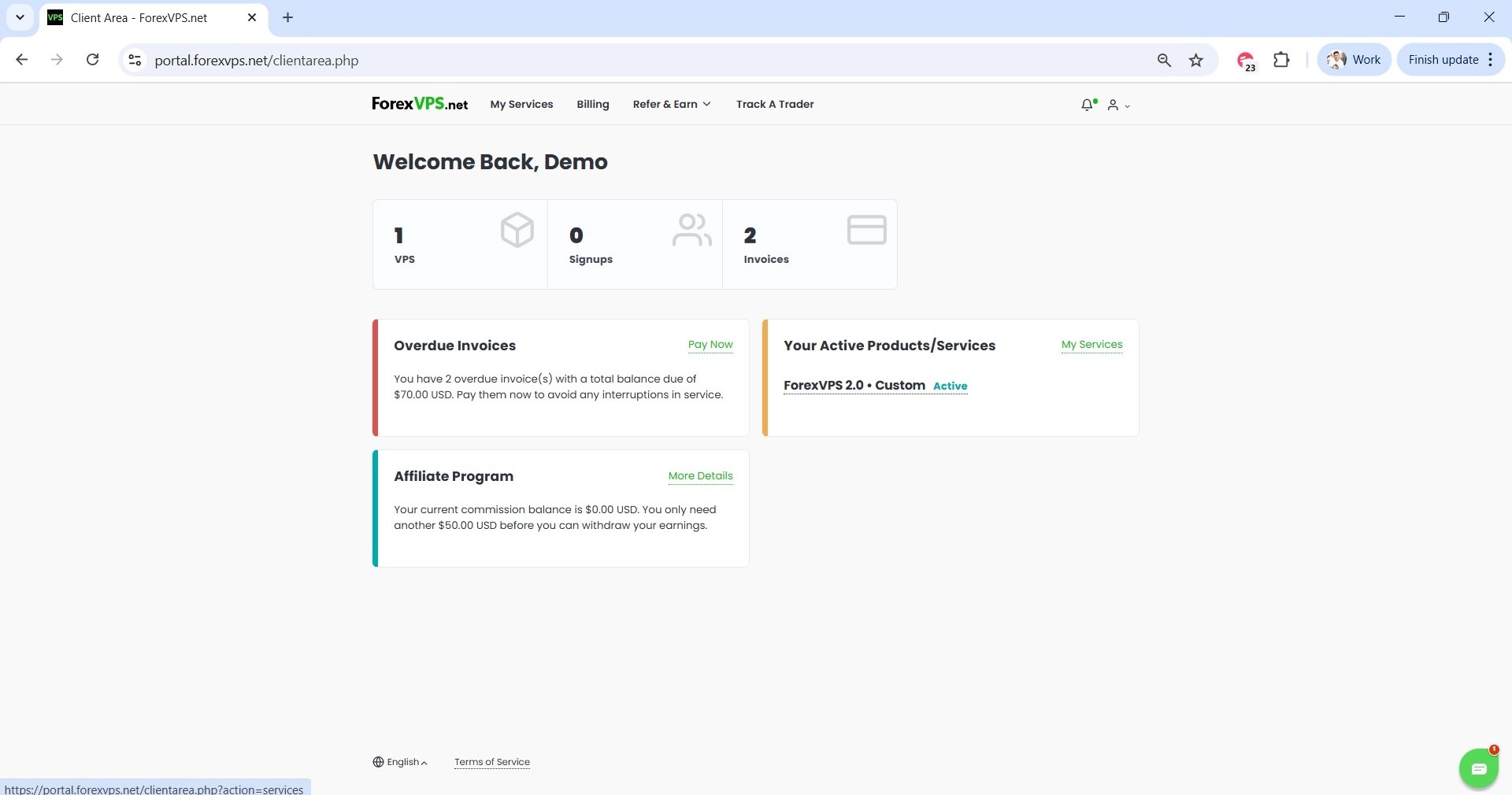 Client Area dashboard after login