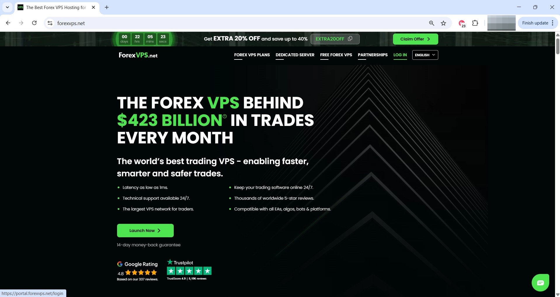 ForexVPS homepage with LOG IN link highlighted