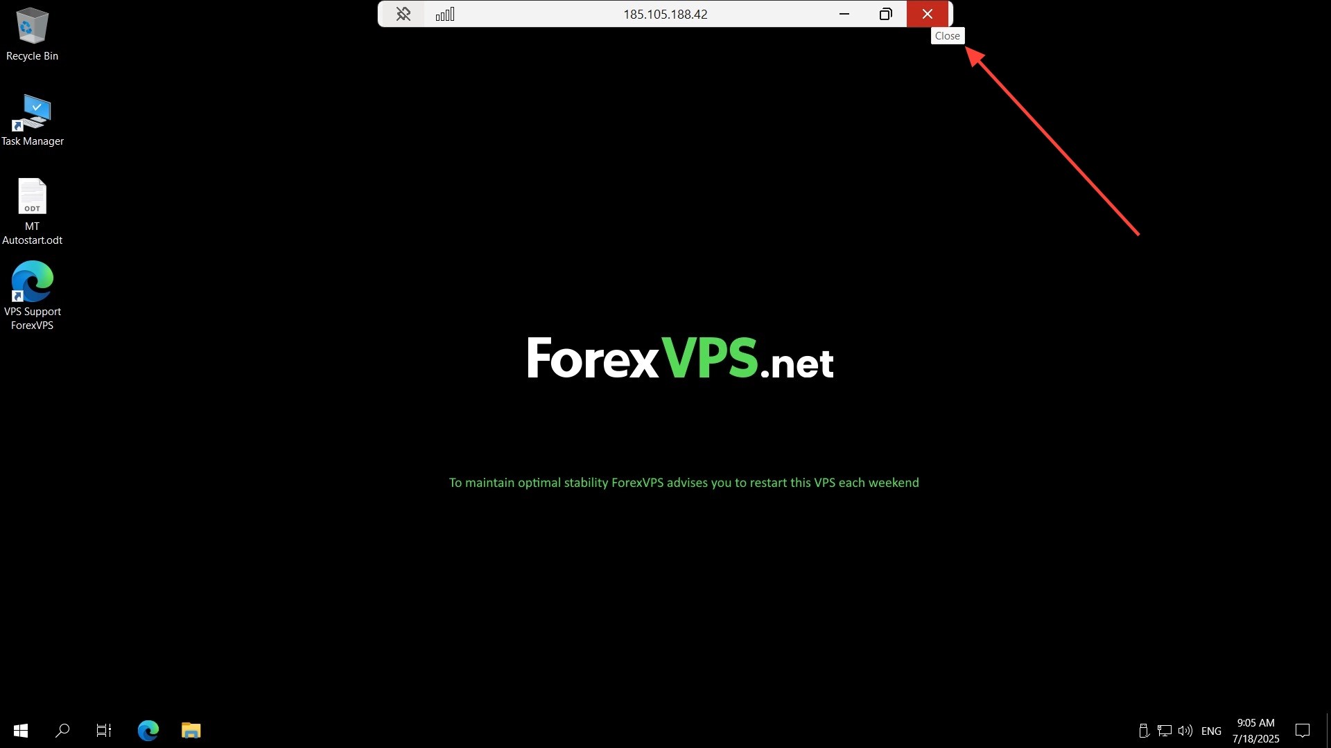 Full screen Remote Desktop session with Close button highlighted