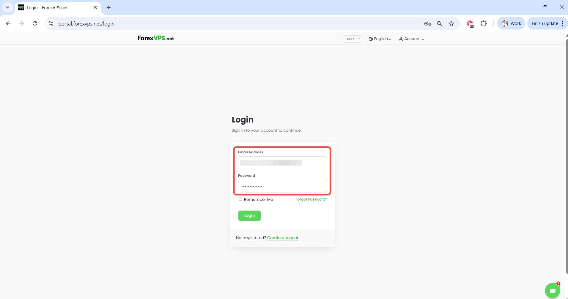 Login form with email and password fields highlighted