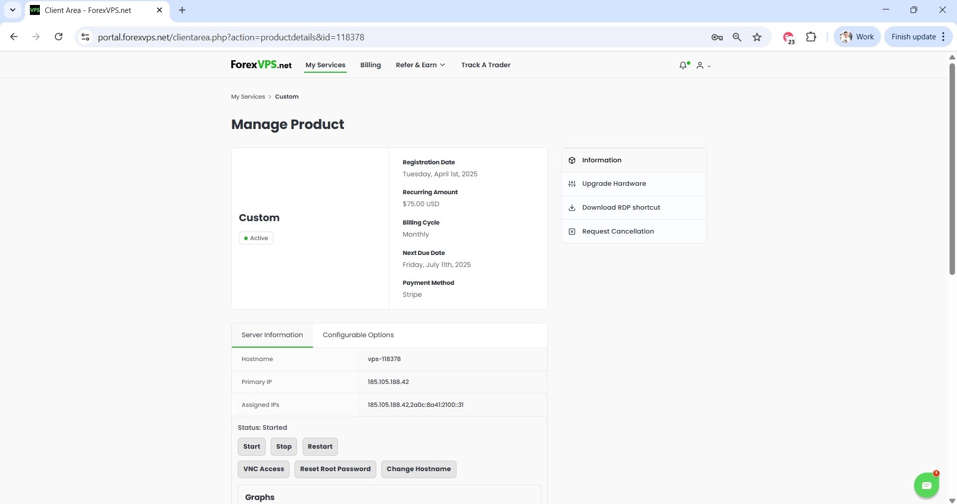 Manage Product page with Start Stop and Restart buttons