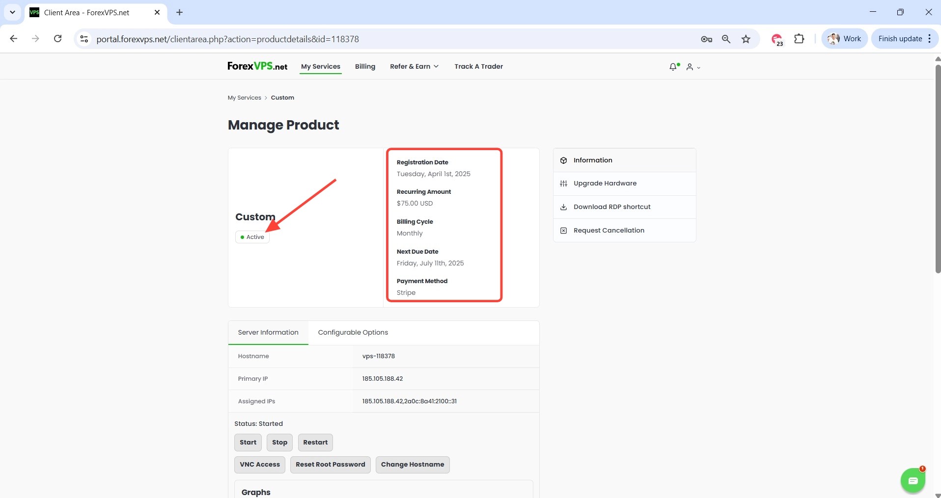 Manage Product page with billing details highlighted