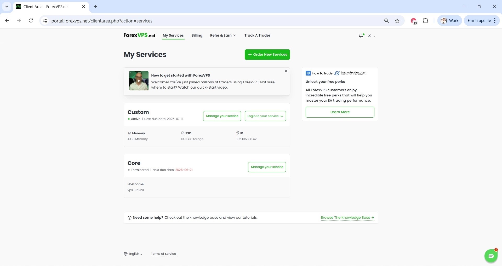 My Services page listing VPS instances with IP addresses