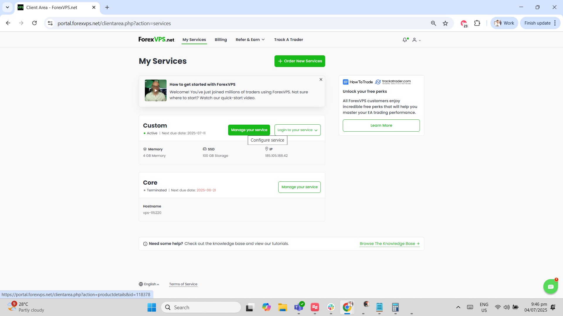 My Services page with Manage your service button highlighted