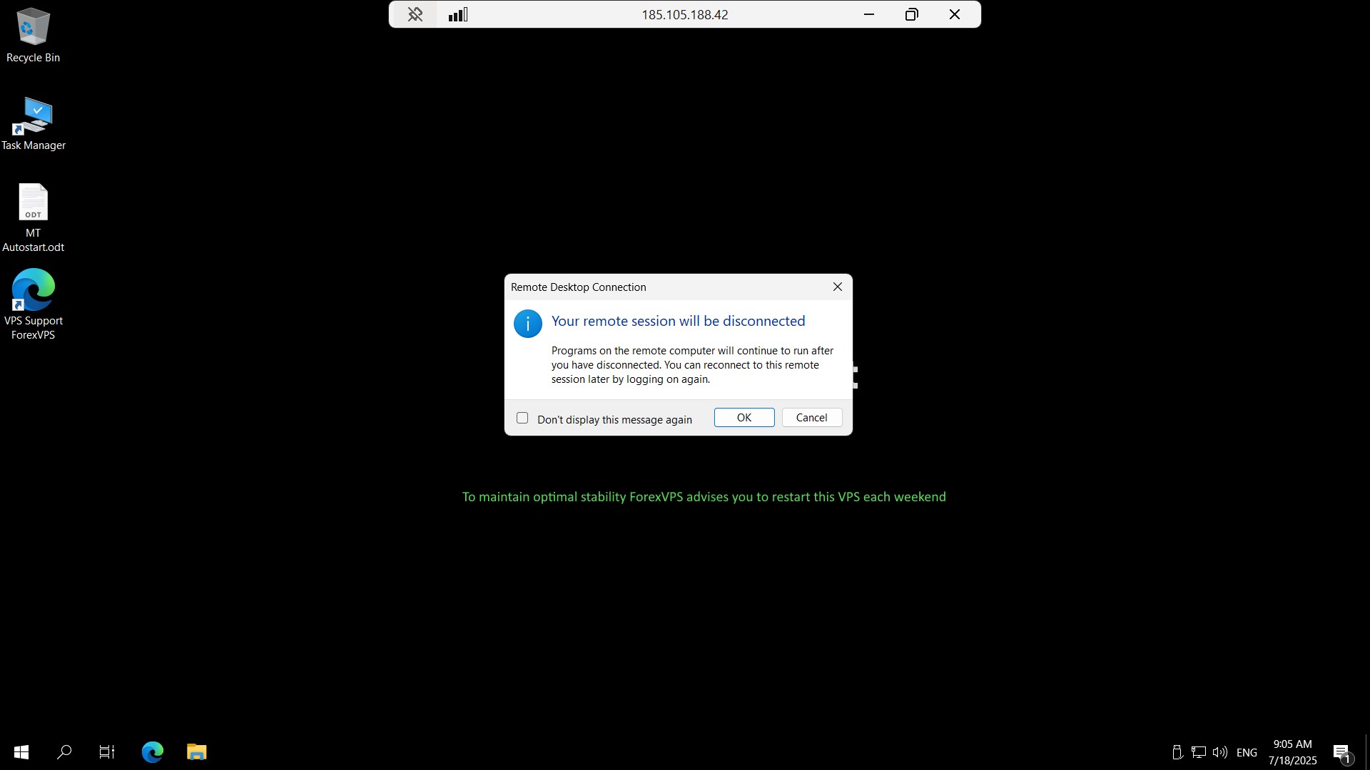 Remote Desktop disconnect confirmation dialog in full screen