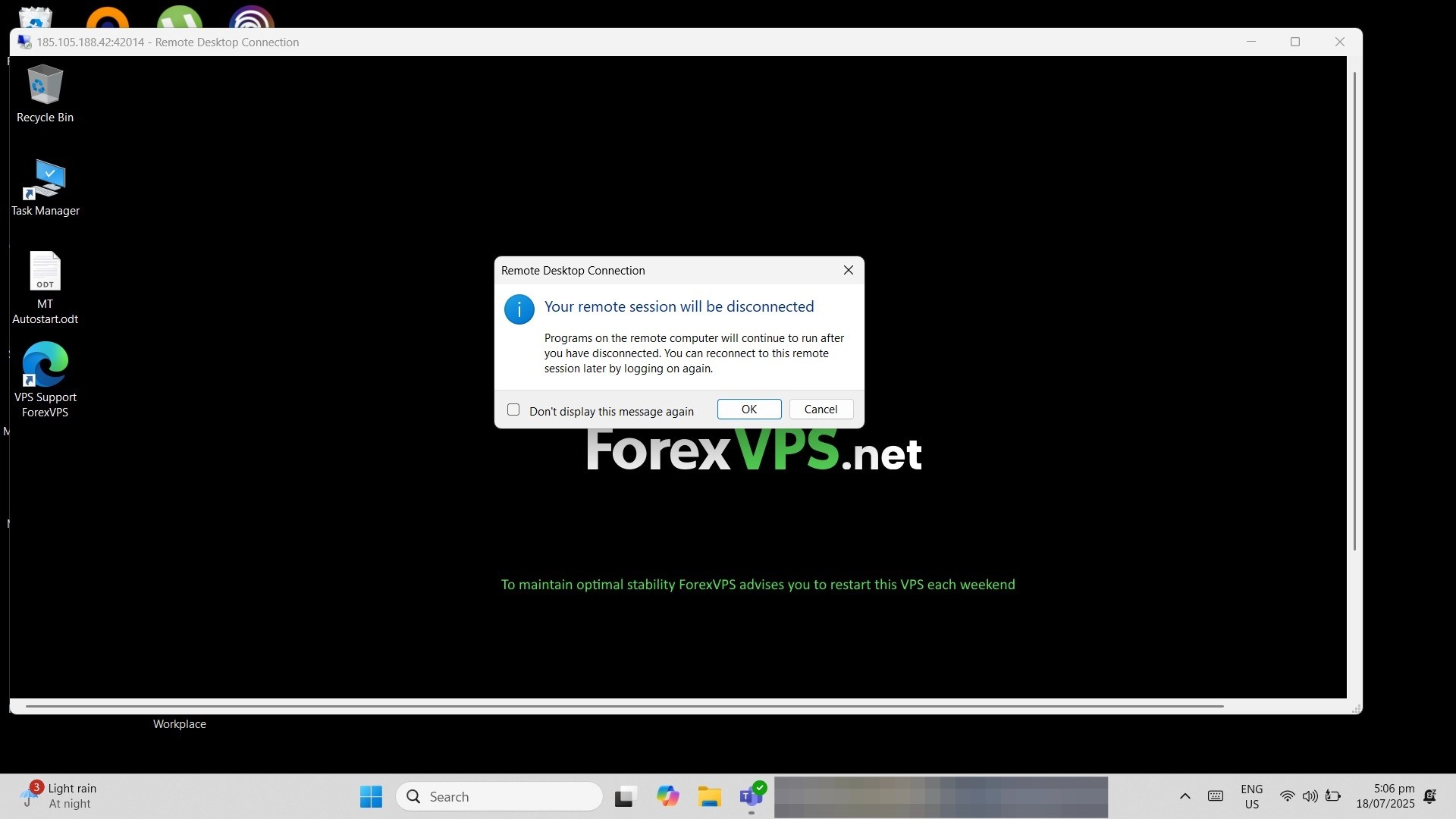 Remote Desktop disconnect confirmation dialog in window view