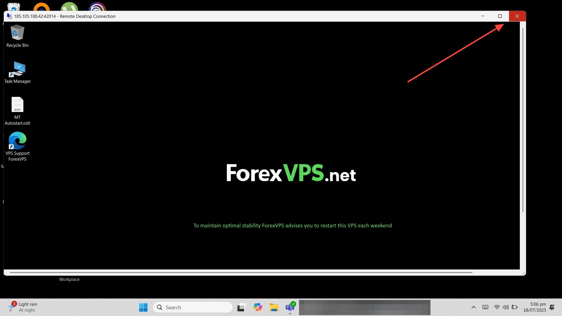 Windowed Remote Desktop session with Close button highlighted