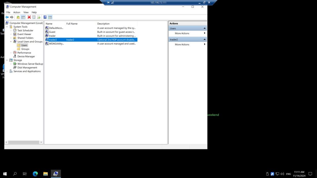 Computer Management Users list with trader2 account selected