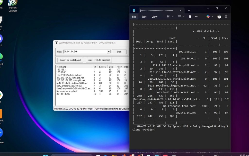 Notepad with pasted WinMTR report text