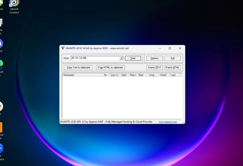 WinMTR application with Host IP entered and Start button