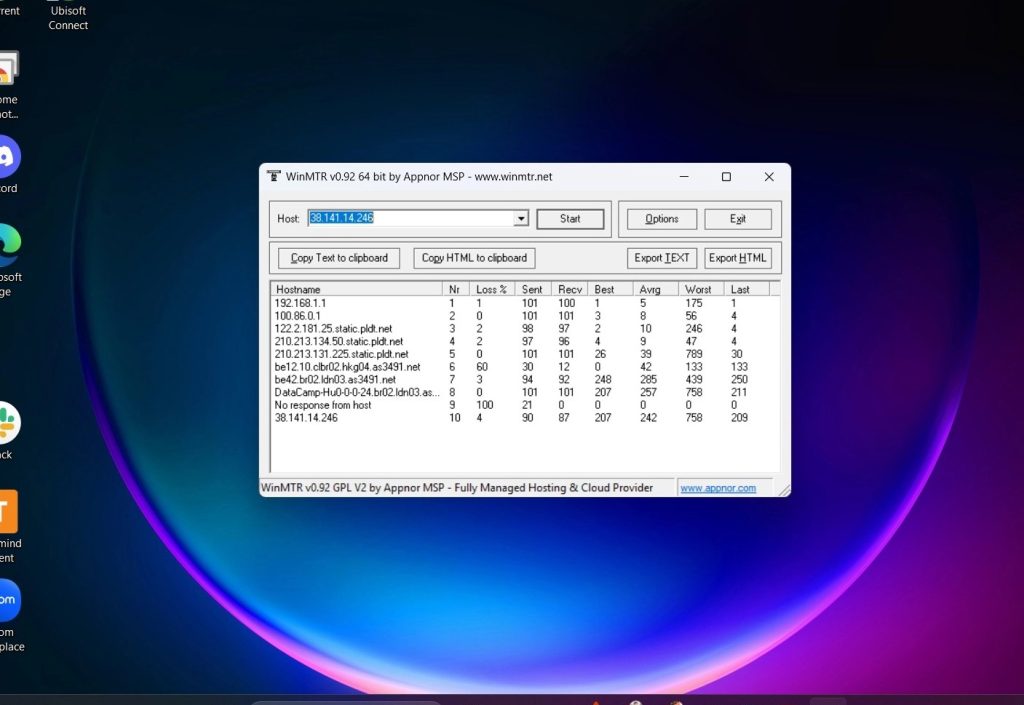 WinMTR results table after stopping the test