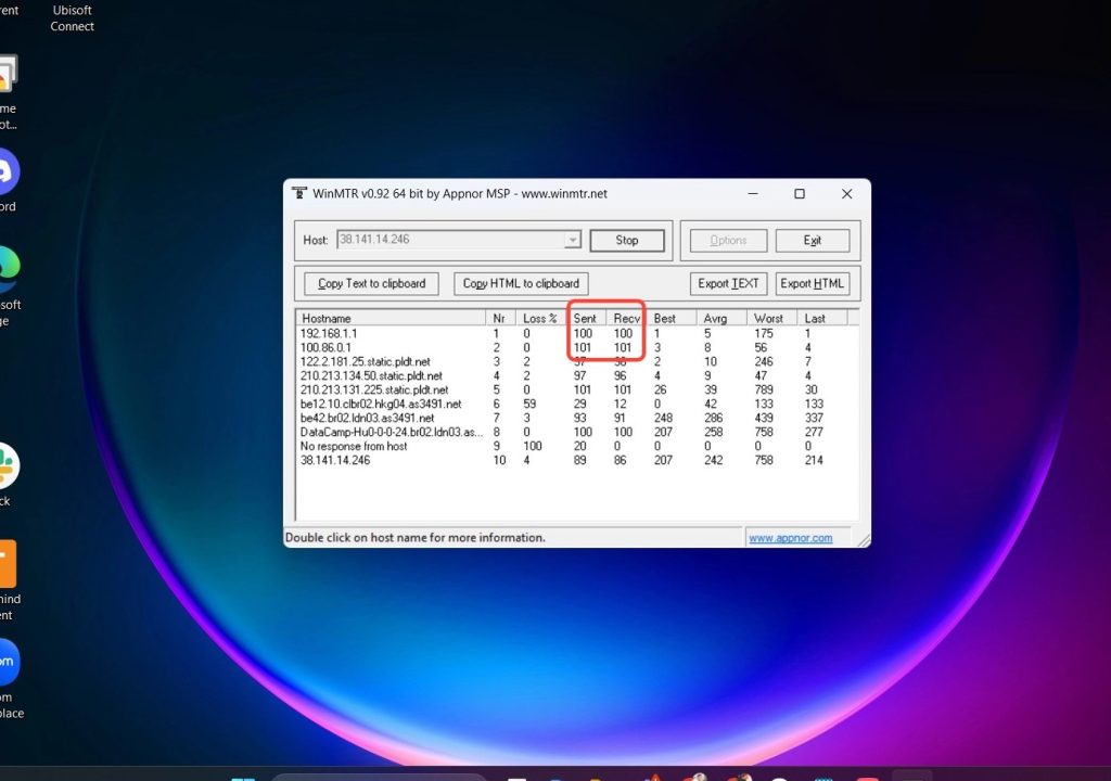 WinMTR test results with Sent and Received counts at 100