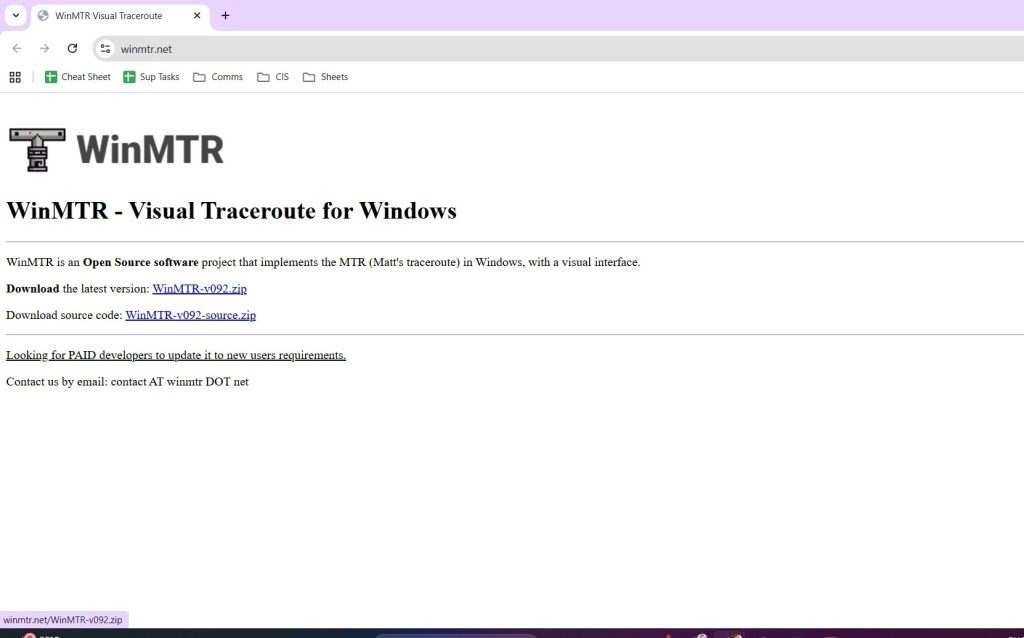 WinMTR.net homepage with download links