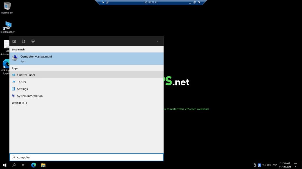 Windows search menu with Computer Management app selected
