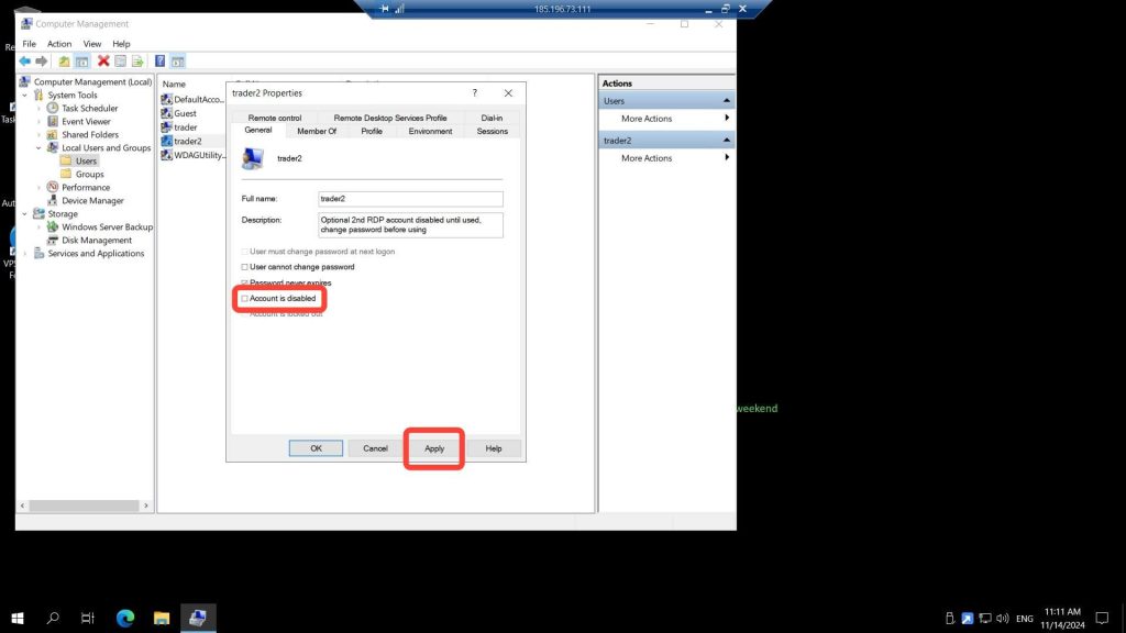 trader2 Properties dialog with Account is disabled unchecked