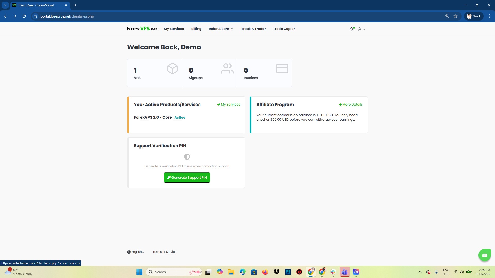 Client Area dashboard with My Services link
