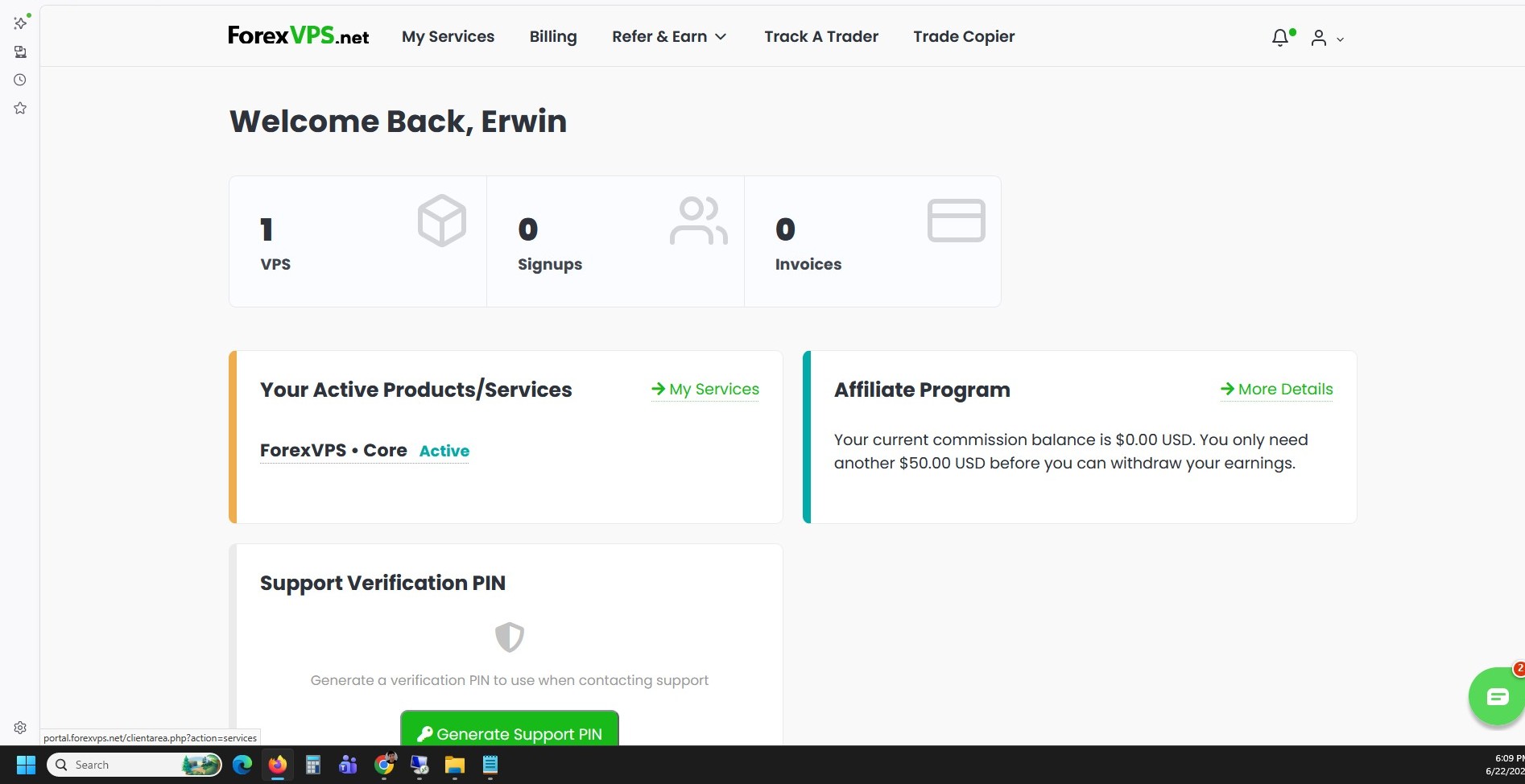 ForexVPS client area dashboard after login