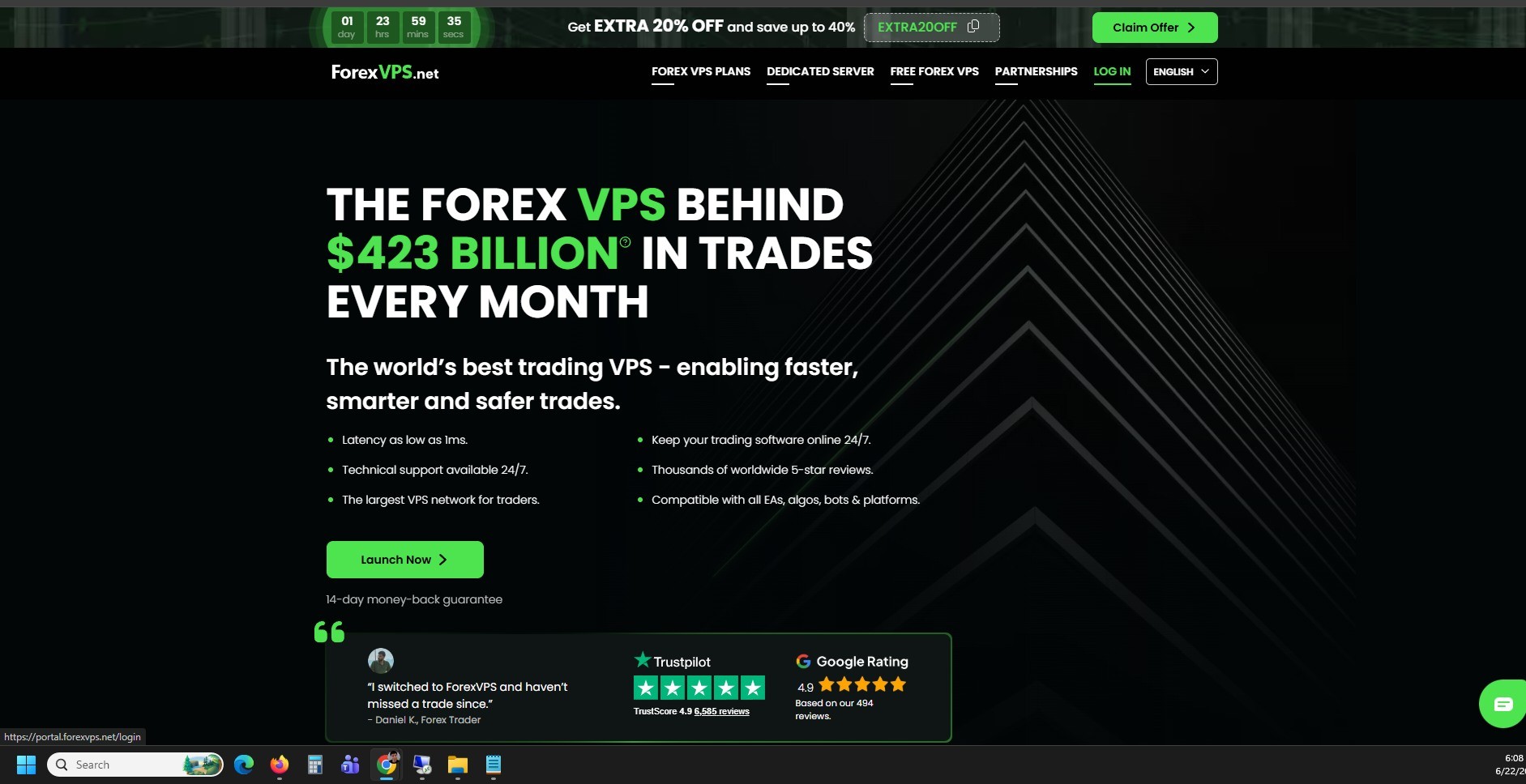 ForexVPS homepage with LOG IN link highlighted