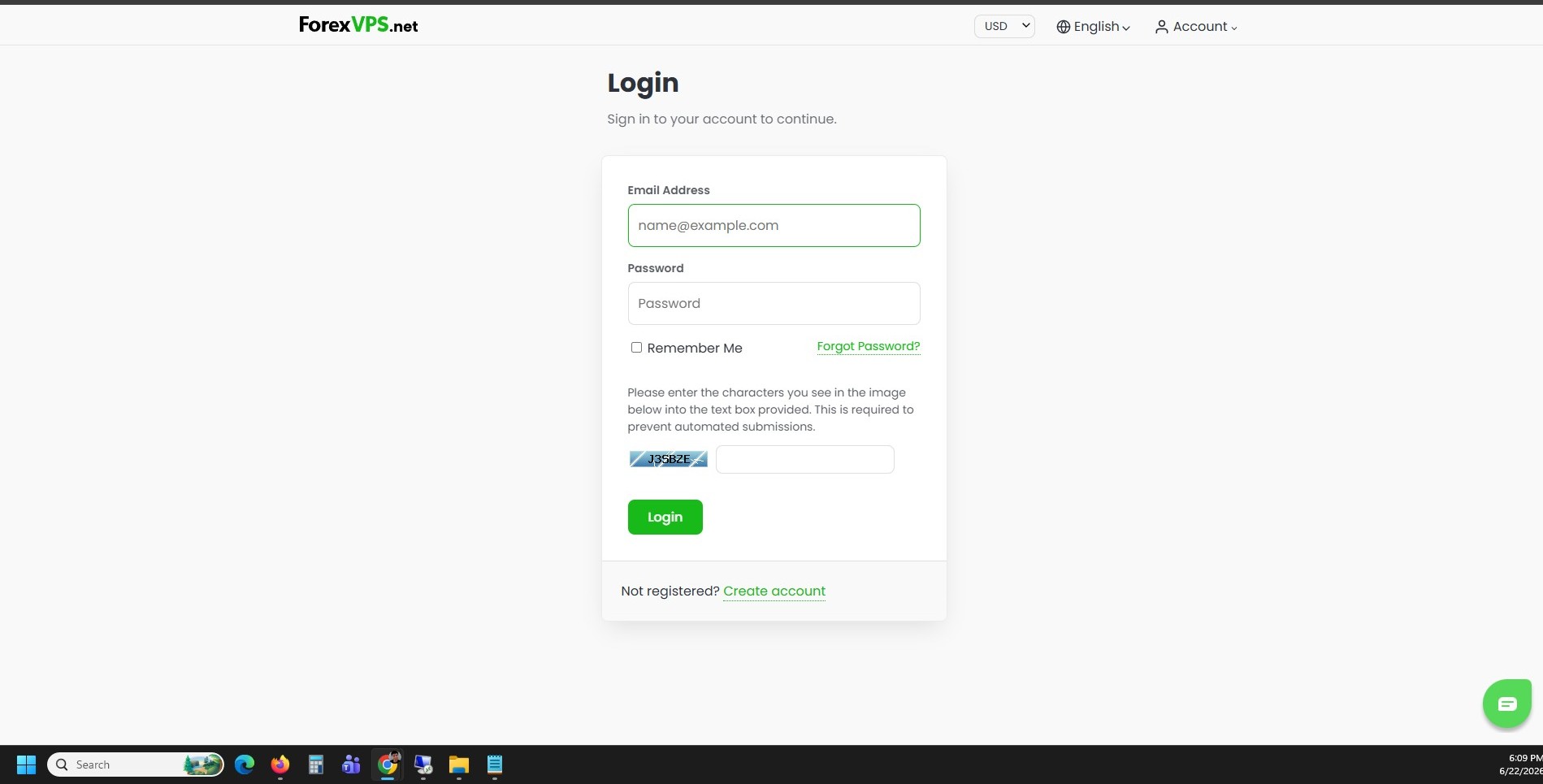 ForexVPS login form with email and password fields