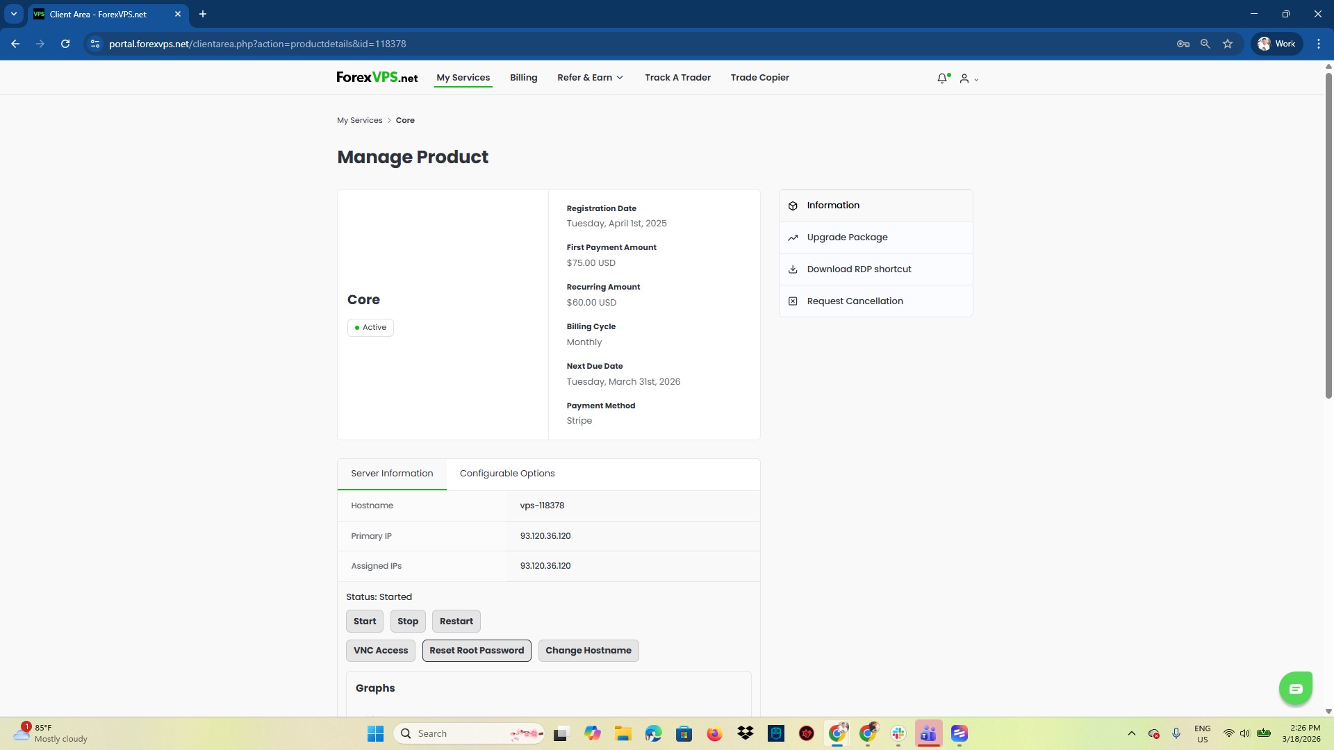 Manage Product page with Reset Root Password button