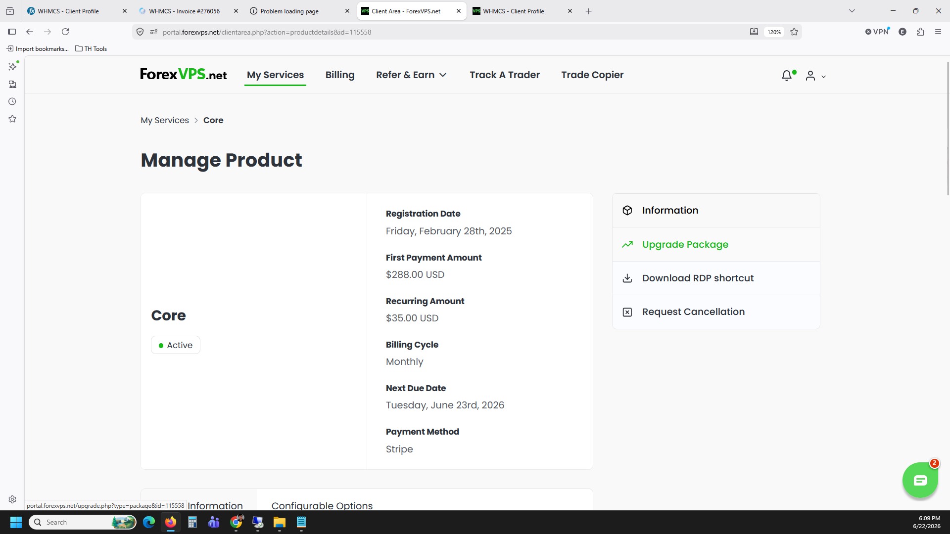 Manage Product page with Upgrade Package link