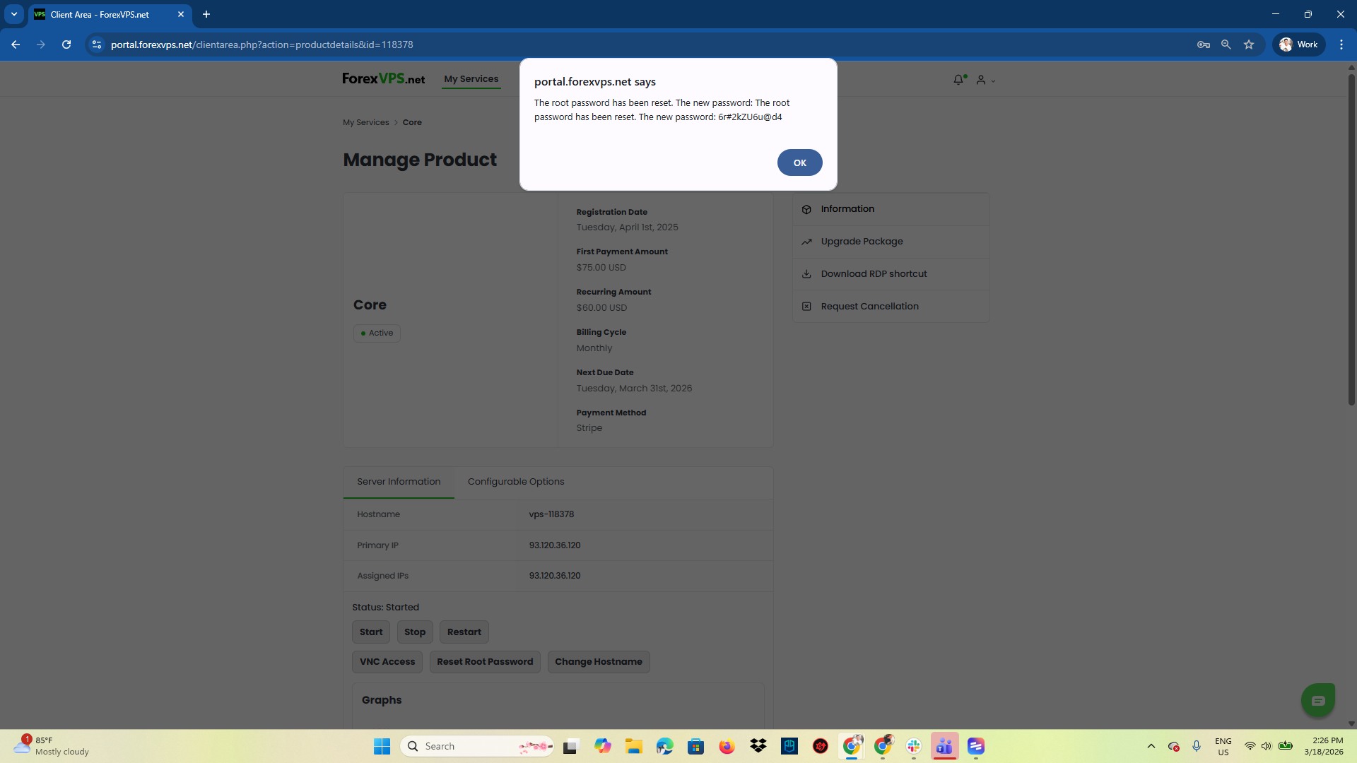 Pop-up displaying the new root password